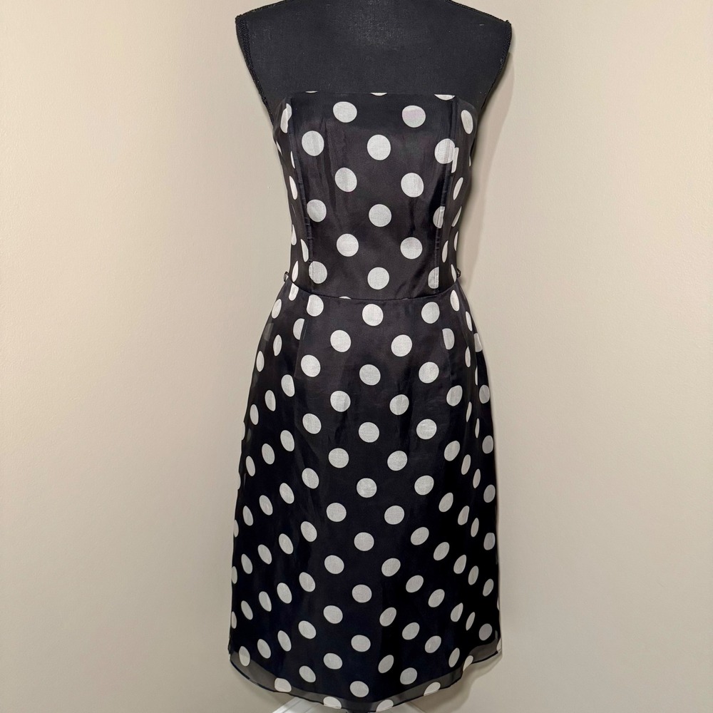 Talbots Silk Strapless Polka Dot Cocktail Dress Black White Size 4 NWT